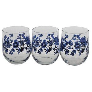 3 Royal Norfolk Blue Floral Juice Glasses Set 16oz black accent flowers 4"